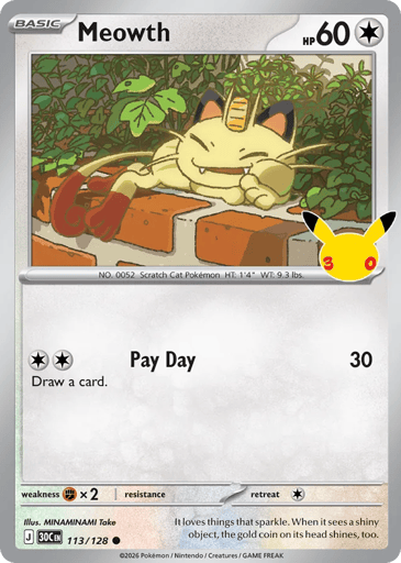 Meowth Pokemon card #113 from 30th Celebration