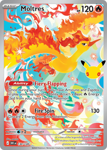 Moltres Pokemon card #130 from 30th Celebration