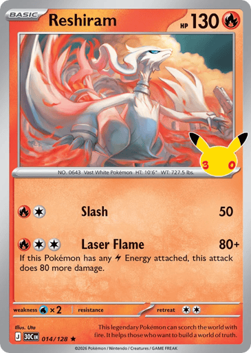 Reshiram Pokemon card #14 from 30th Celebration