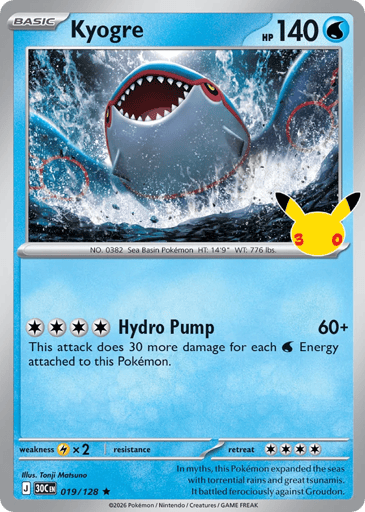 Kyogre Pokemon card #19 from 30th Celebration