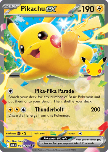 Pikachu ex Pokemon card #53 from 30th Celebration