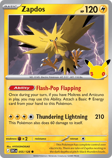 Zapdos Pokemon card #55 from 30th Celebration