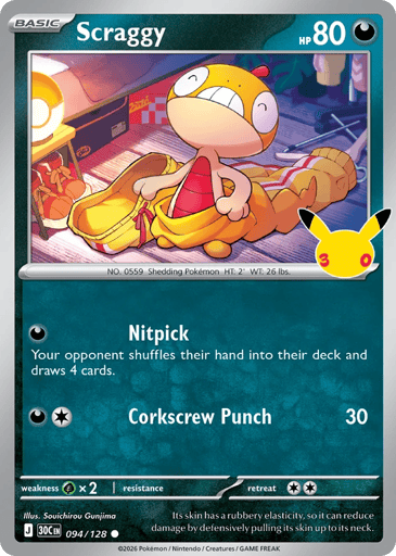 Scraggy Pokemon card #94 from 30th Celebration